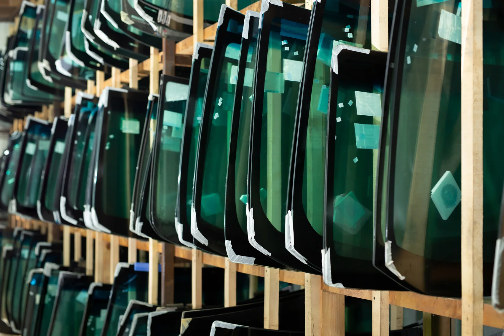 Rows of replacement windshields stored upright on shelving racks